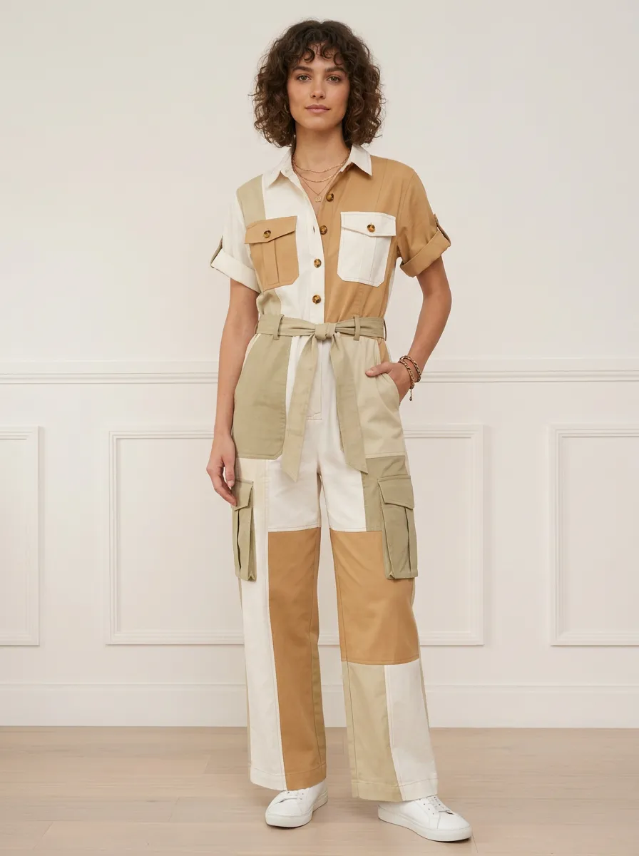 Women's Casual Style Colorblock Patchwork Cargo Jumpsuit