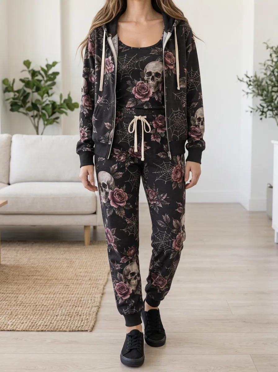 Women's Halloween Skull Rose Spiderweb Graphic Hoodie Lounge Set