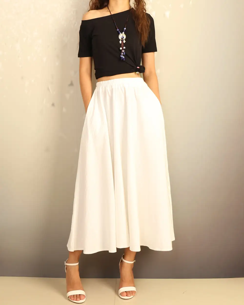 Boho Linen Flared Midi Skirt