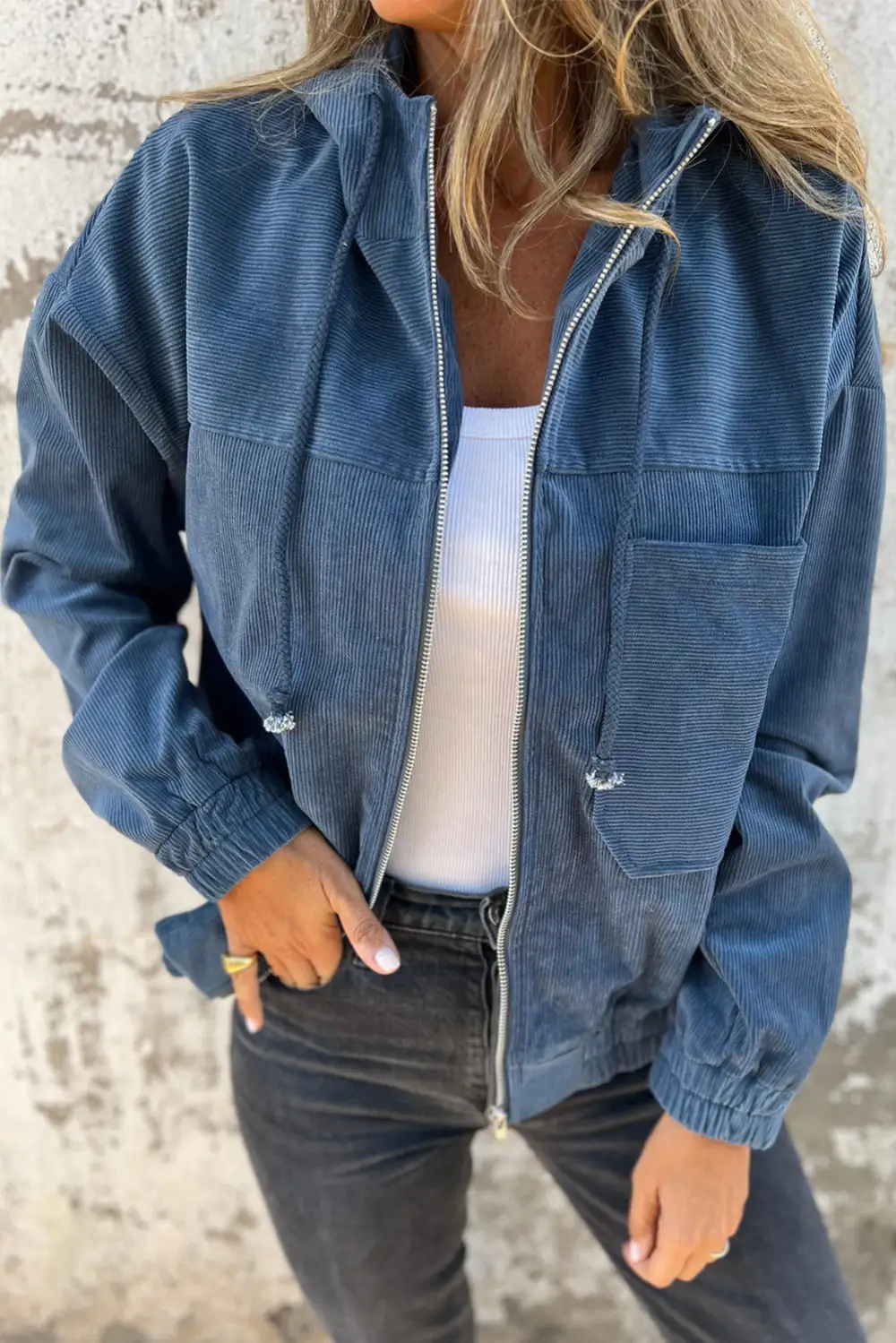 Corduroy Drawstring Pocket Hooded Jacket