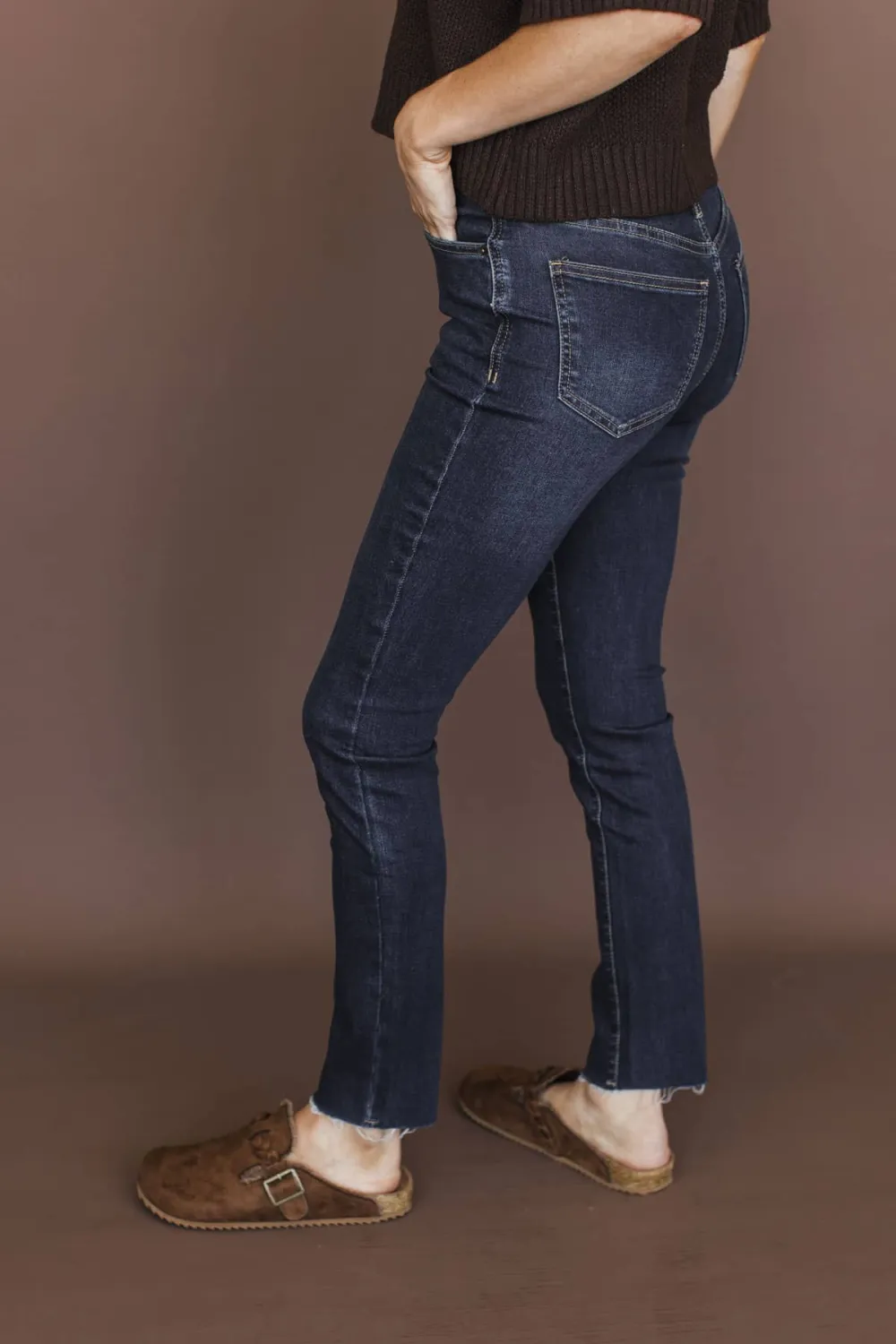 High-Rise Raw Hem Ankle Straight Leg Clean Finish Jeans