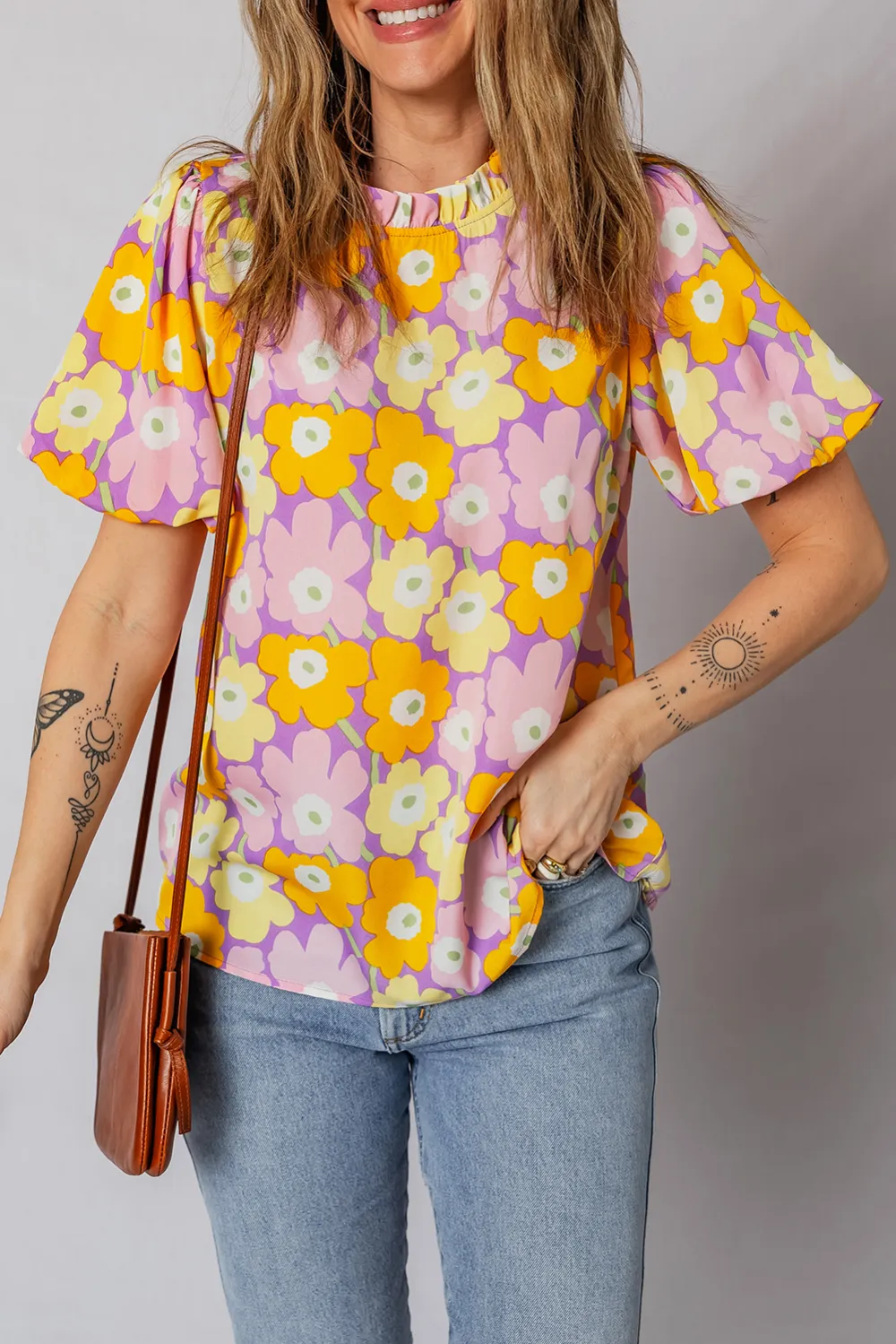 Purple Frilled Neck Puff Short Sleeve Top