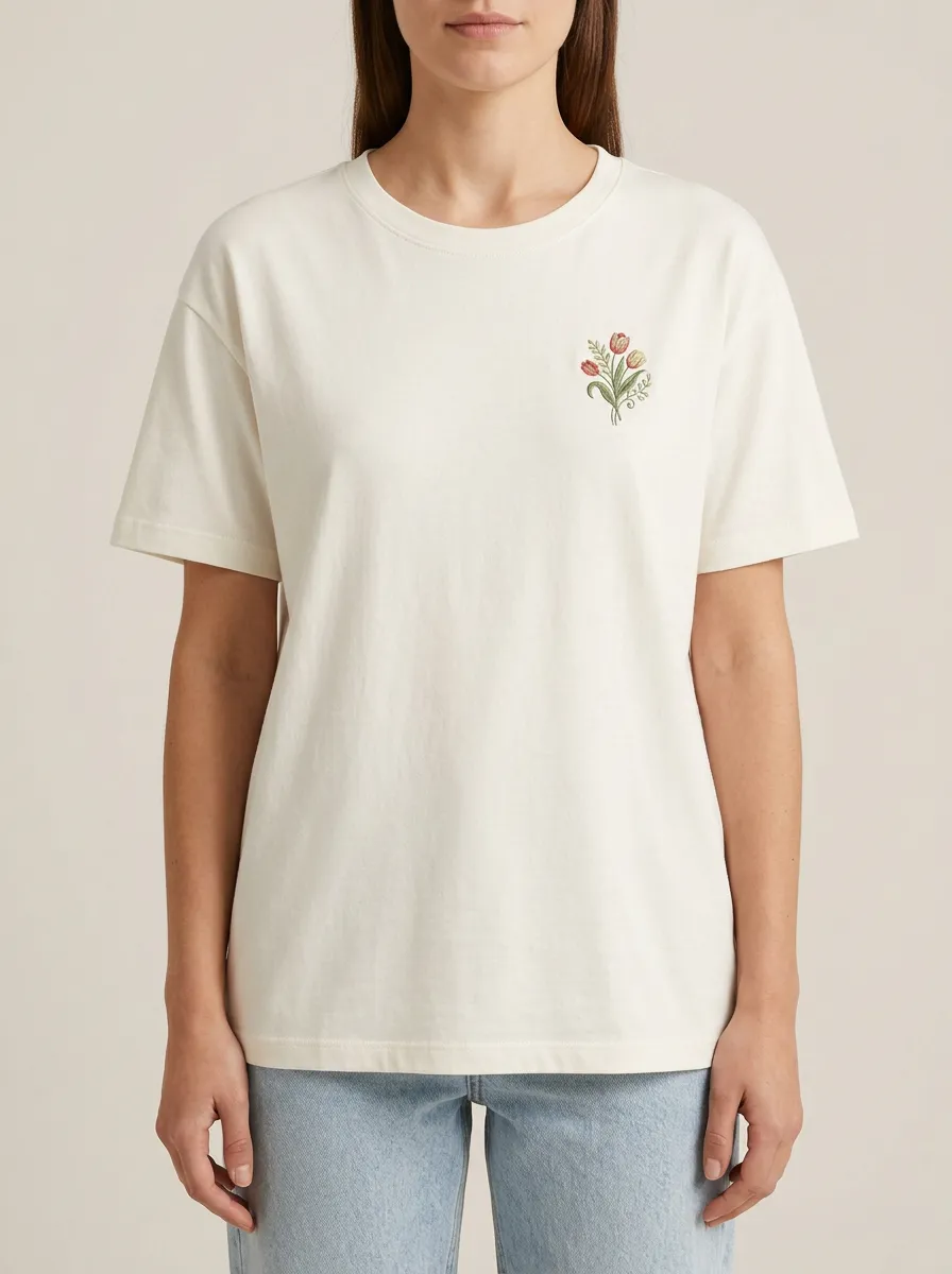 Women's Floral Tulip Bouquet Embroidered Crewneck T-Shirt