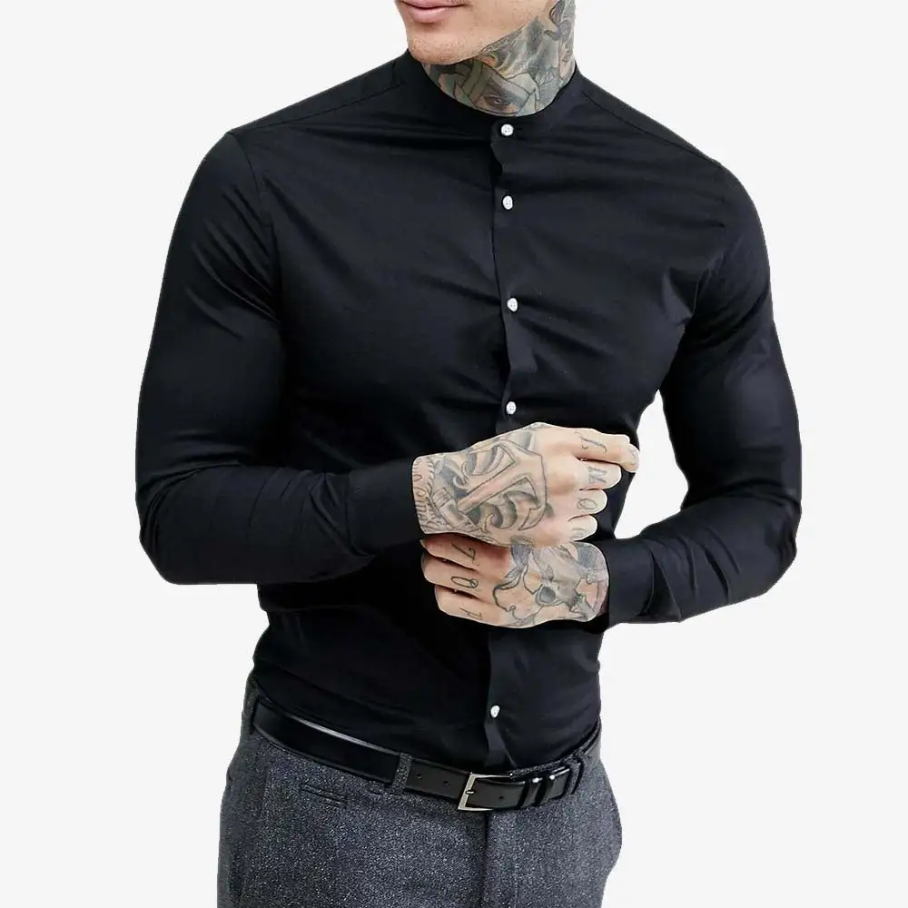 Refined Mandarin Collar Grandad Collar Long Sleeve Casual Shirt