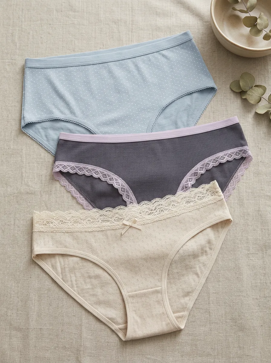 Women's Lace Trim Polka Dot Ribbed Cotton Printed Panties Set