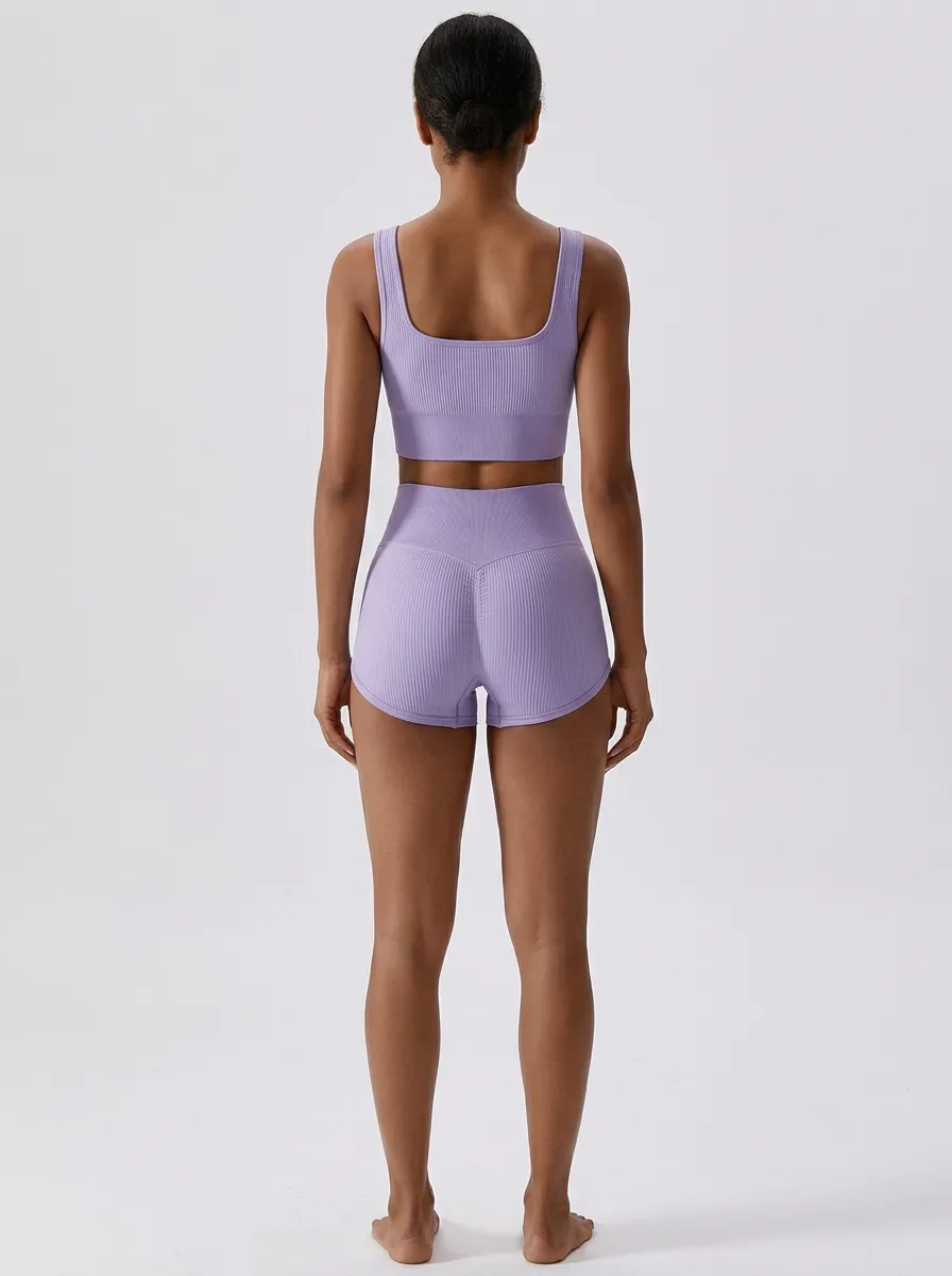 Easy-Wear Ribbed Texture Seamless Design Fit Women's Tank Top And Sports Shorts Set
