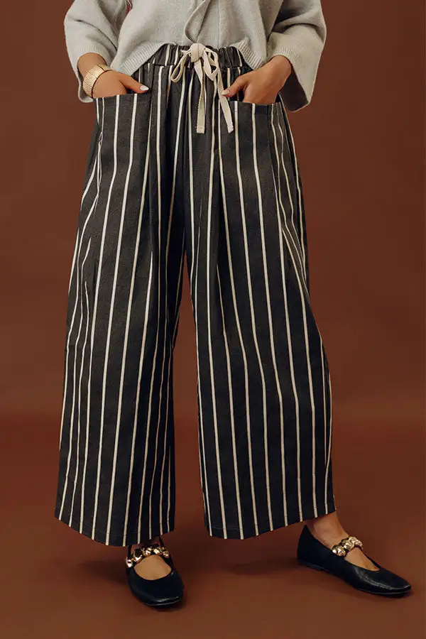 Mid Rise Wide Leg Striped Pleated Drawstring Elastic Waist Pants