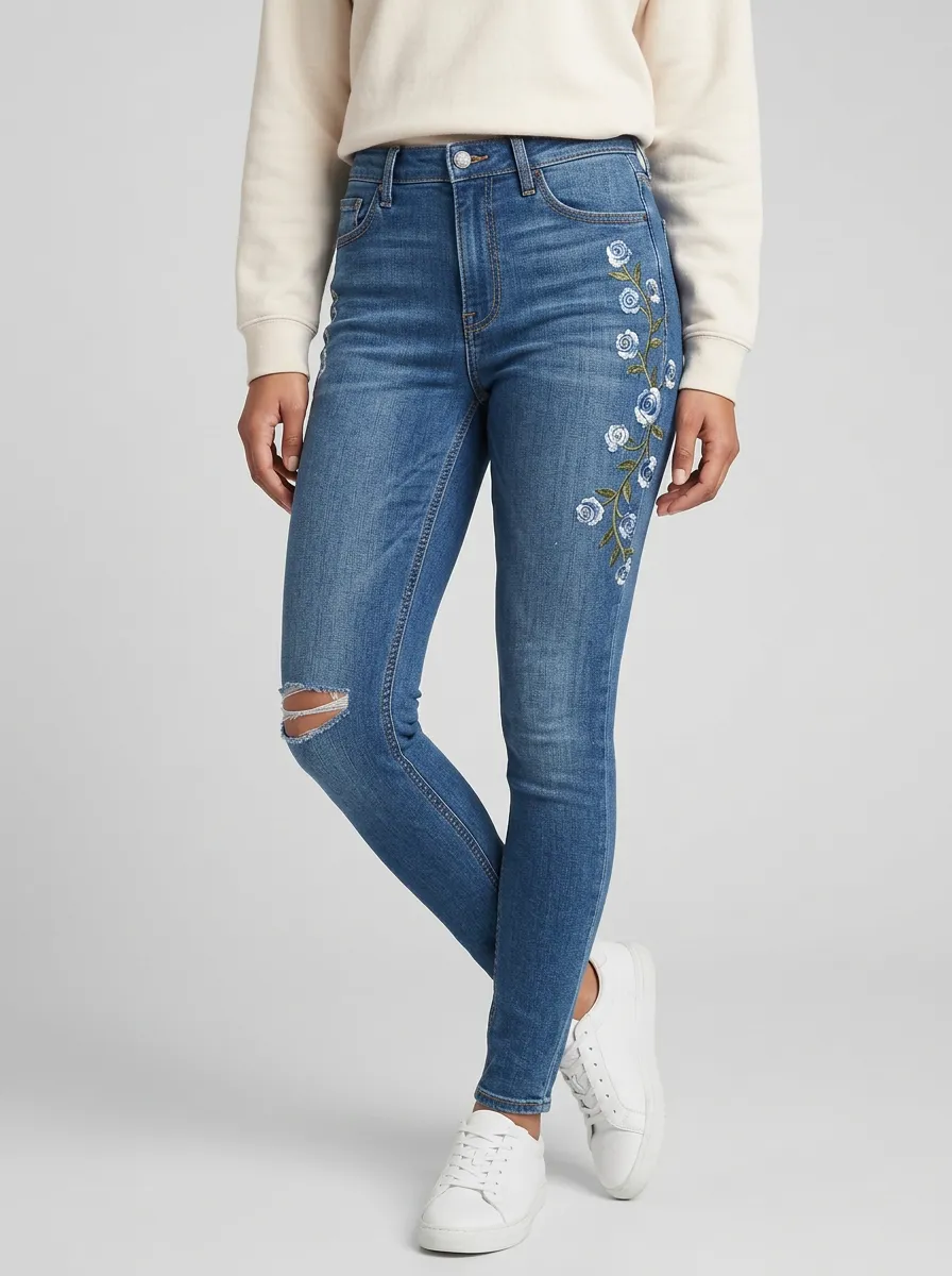Women's Floral Blue Rose Embroidered Printed Slim Jeans