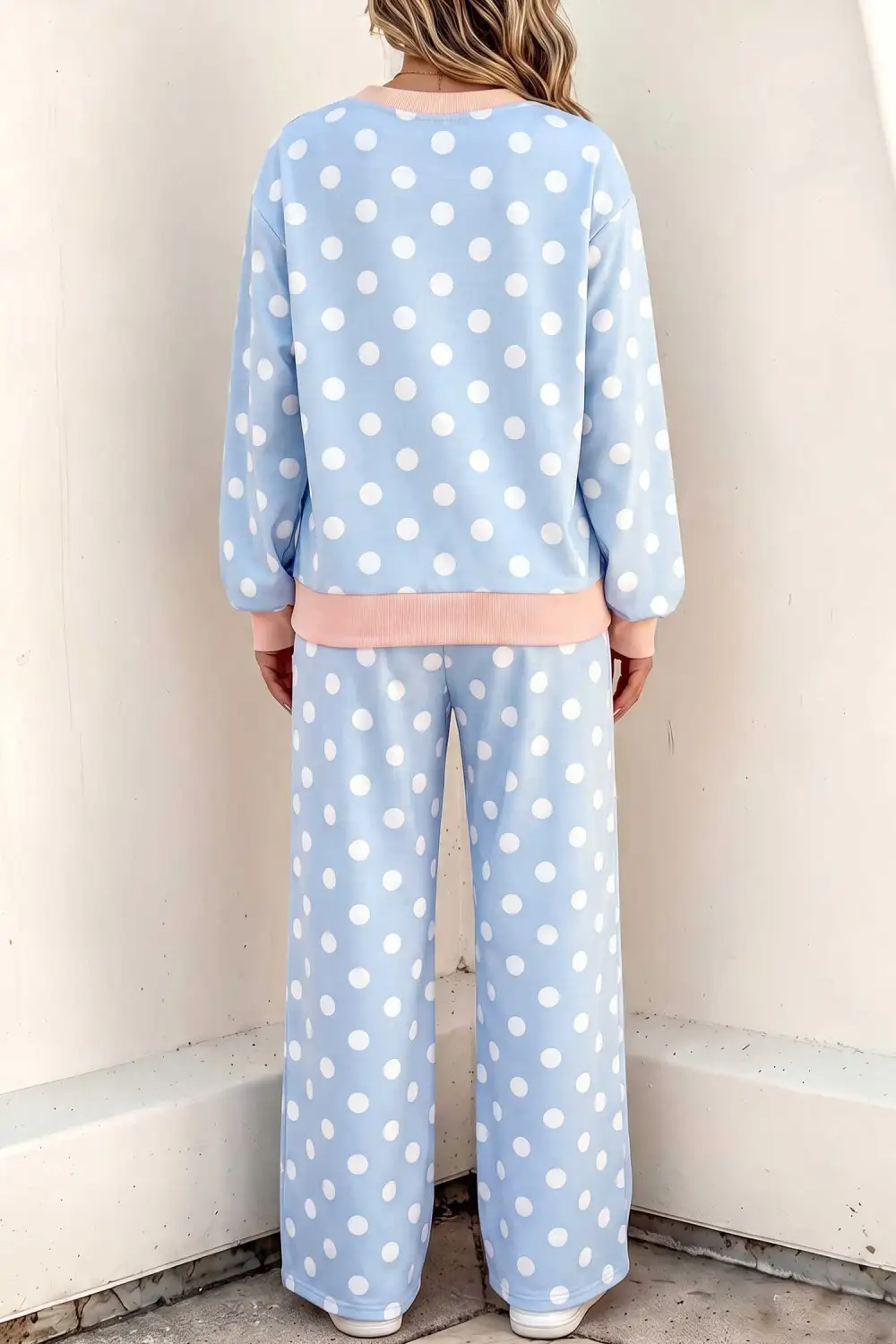 Women's Polka Dot Contrast Trim Long Sleeve Top Drawstring Shift Pants Set