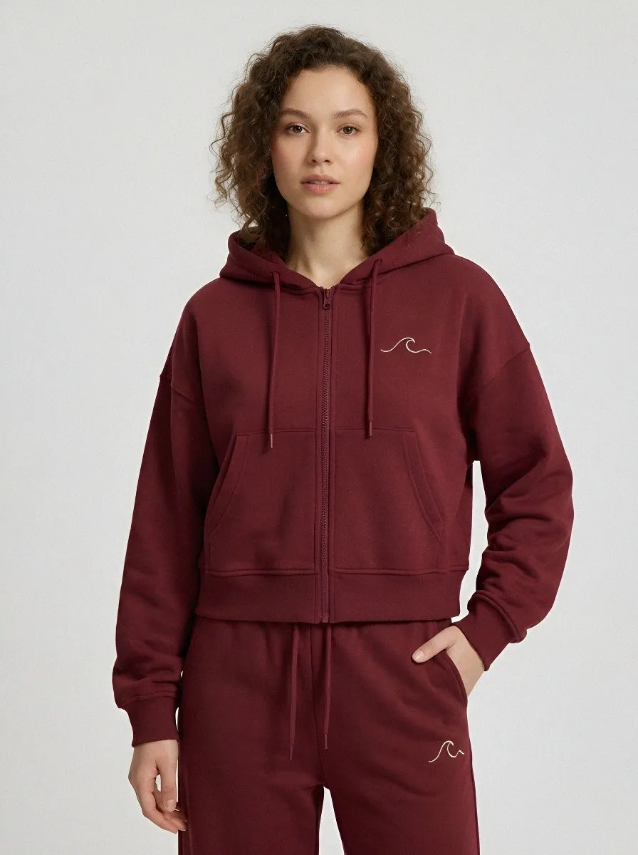 Women's Sage Green Ocean Wave Embroidered Zip-Up Hoodie Jacket & Wide-Leg Pants Set