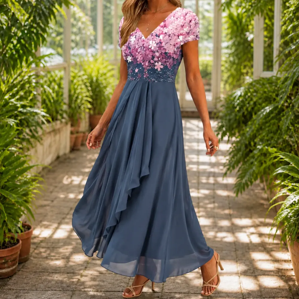 Printed A-Line Sweetheart Neck Maxi Dress