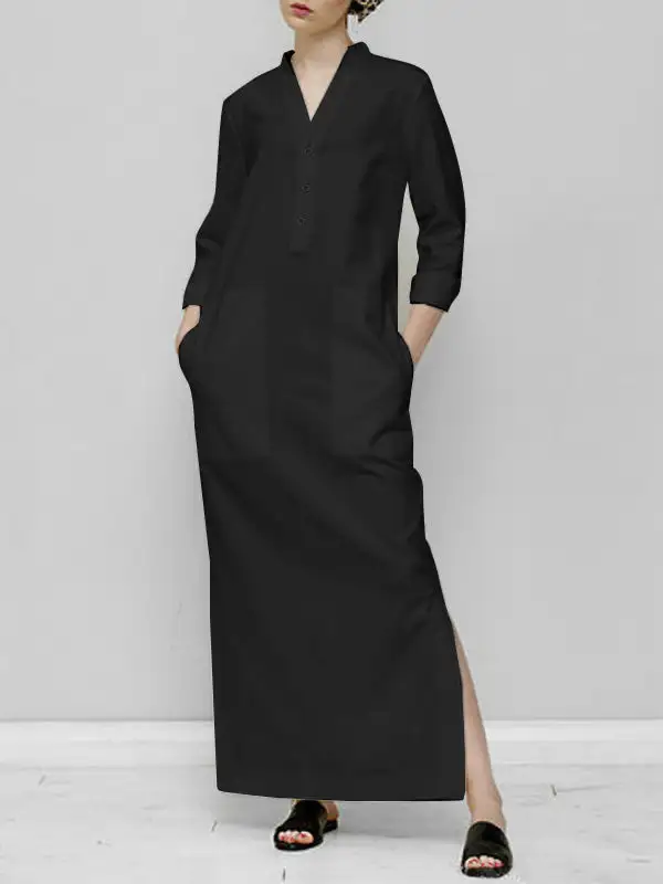 Sleeves Loose Long Neck Maxi Dress