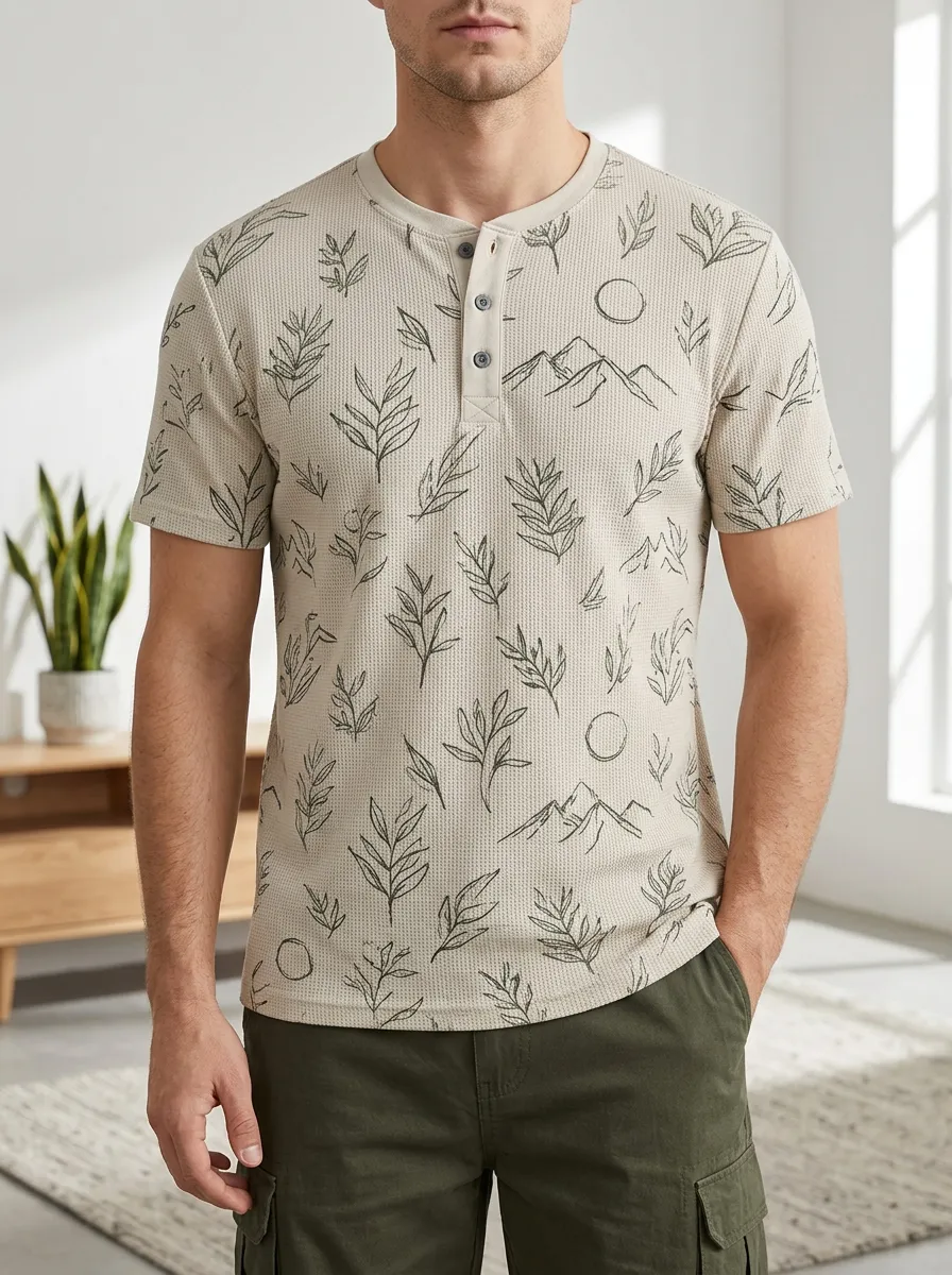 Men's Classic Nature Lover Mountain Leaf Henley T-Shirt