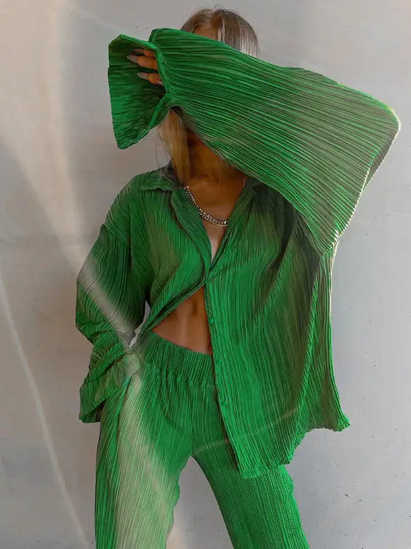 Pleated Blouse Wide Leg Set