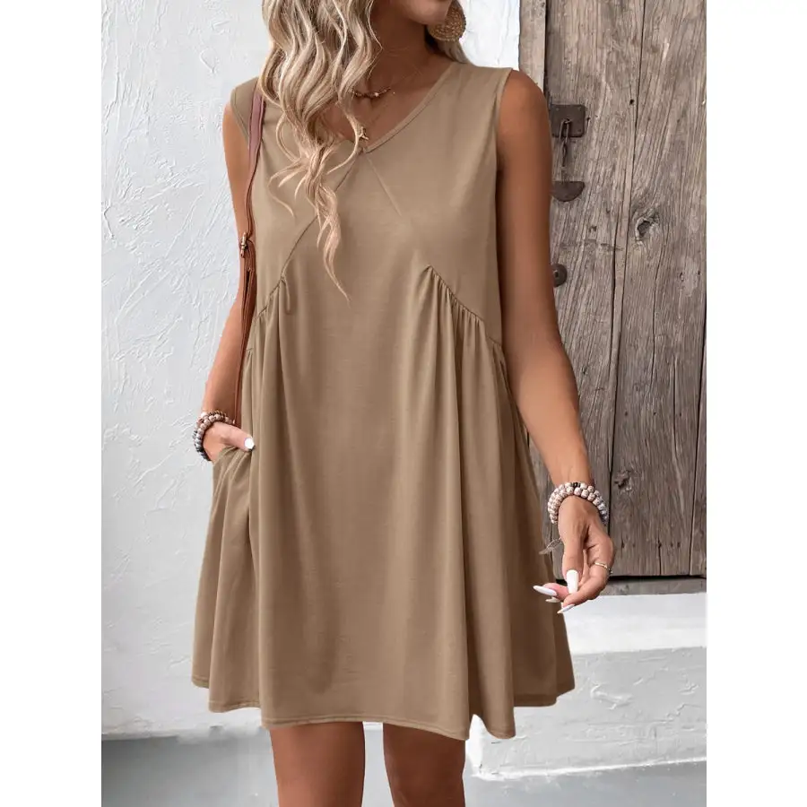 Ruched V-Neck Sleeveless Mini Dress