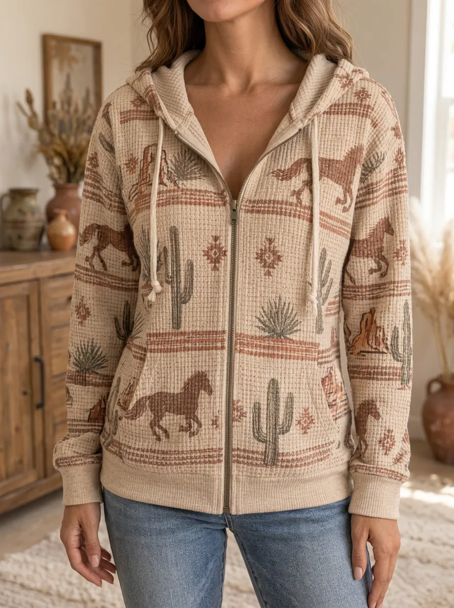 Women's Western Horse Cactus Signature Composition Waffle Zip-Up Hoodie