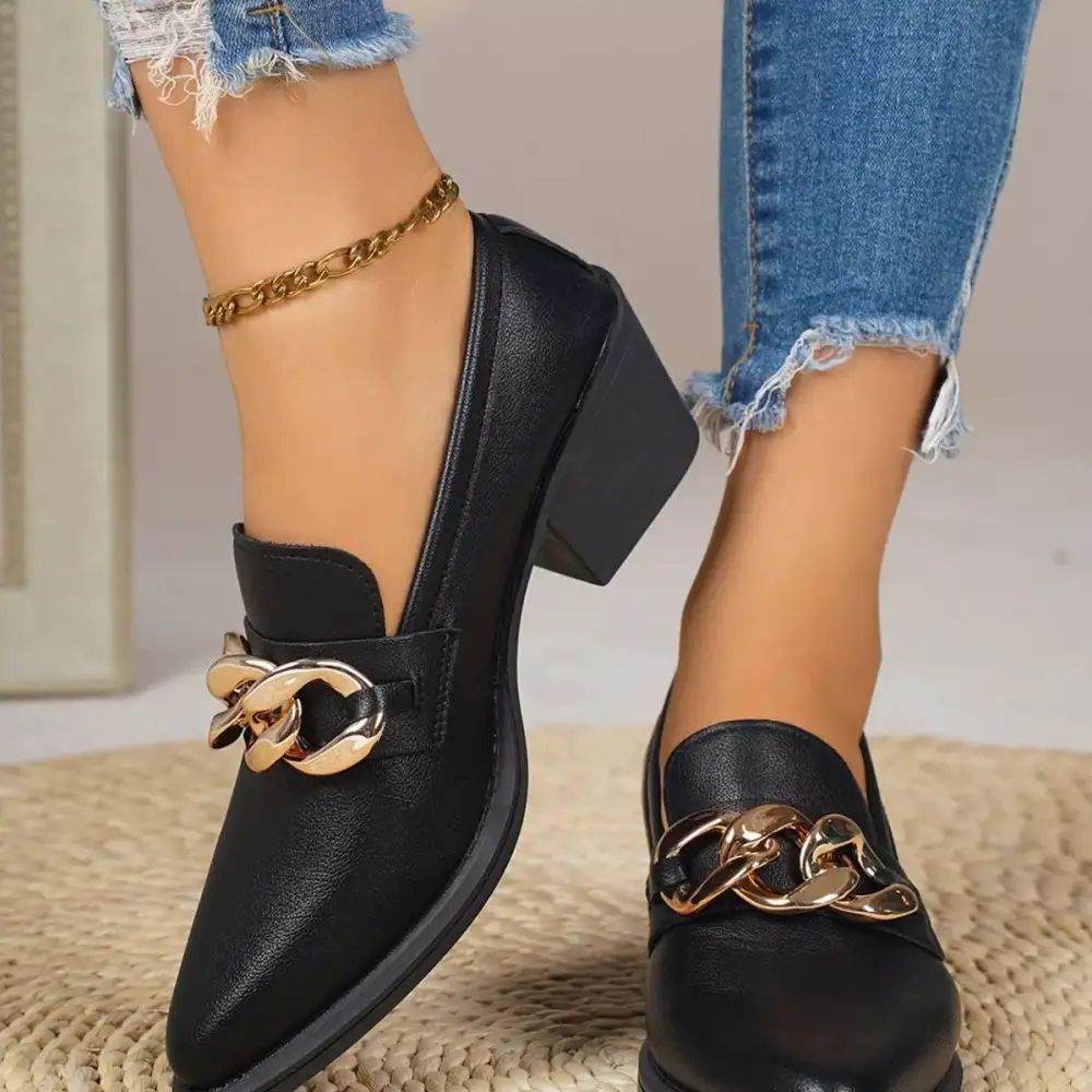 Textured Pointed Toe Block Heel Loafers