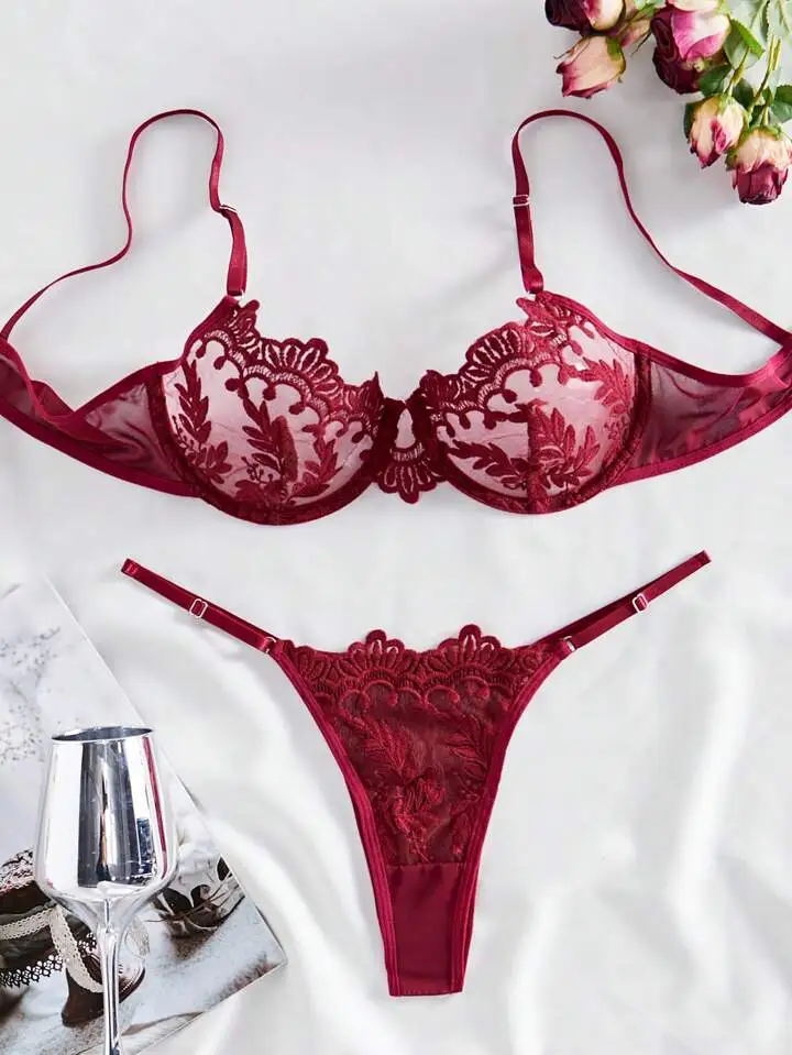 Embroidered Mesh Sheer Lingerie Set