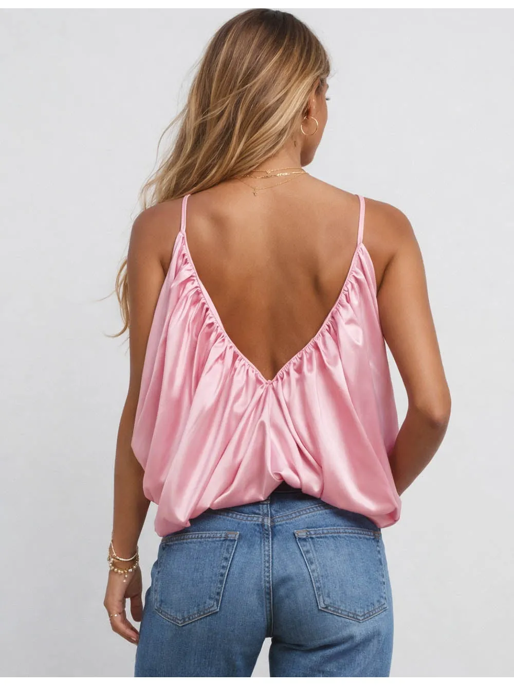 Chic Satin V Neck Ruched Solid Color Crop Cami Top