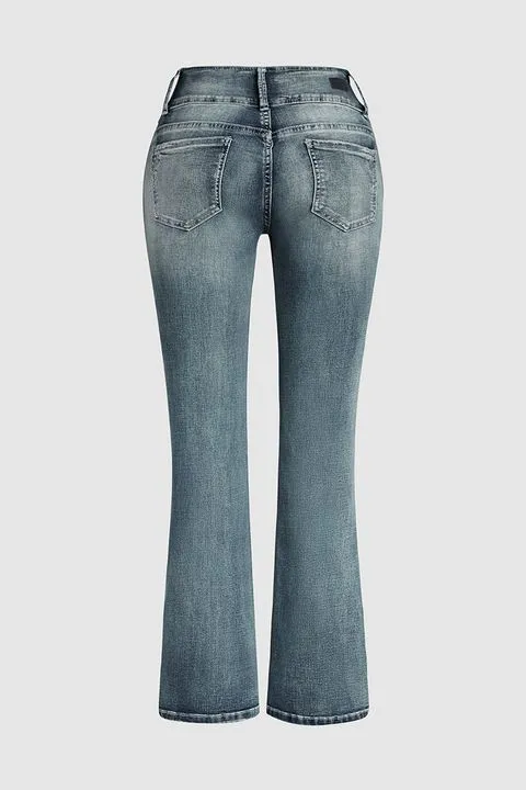 Vintage Button Side Design Mid Waist Flare Jeans