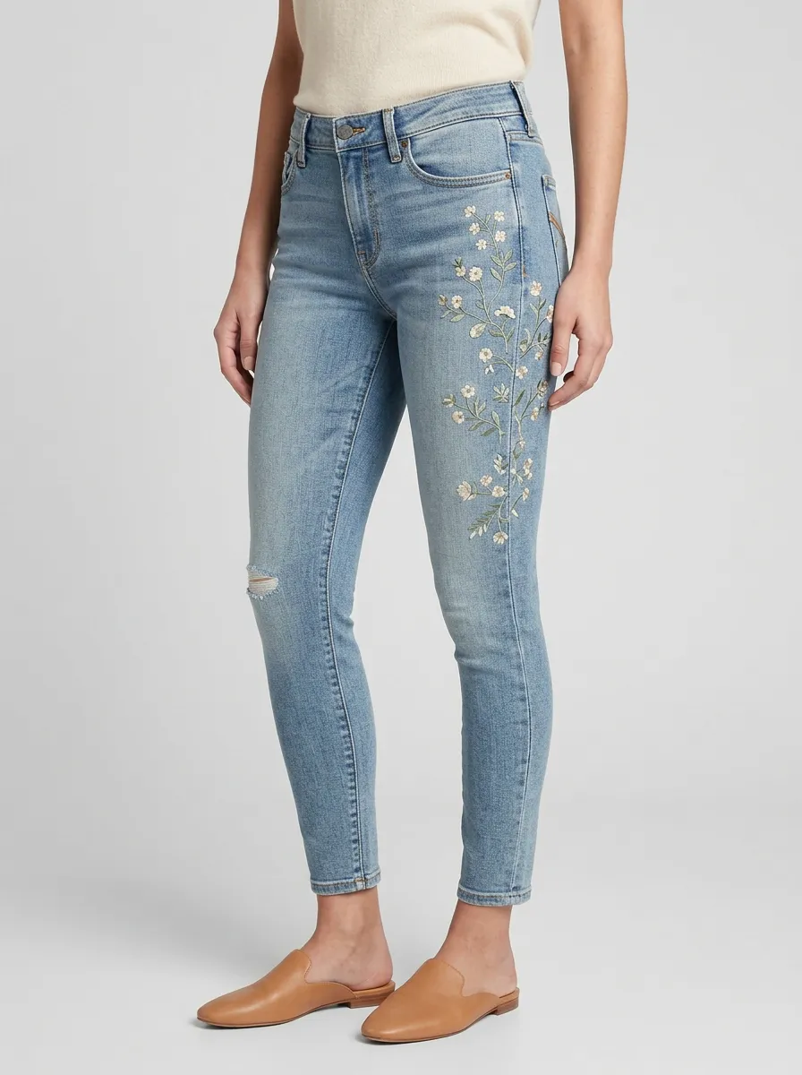 Women's Willow Floral White Flower Embroidered Printed Slim Jeans