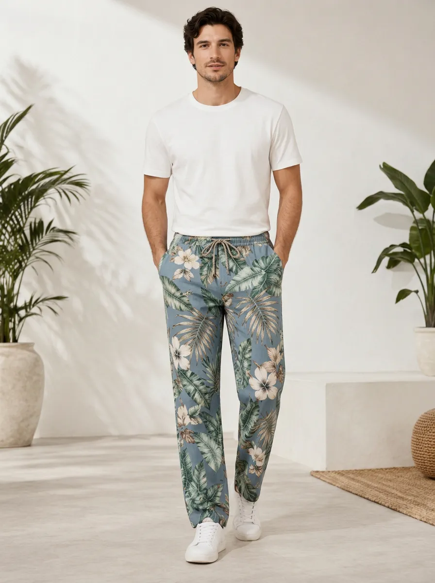 Men's Hibiscus Leaf Nature Inspired Printed Pants