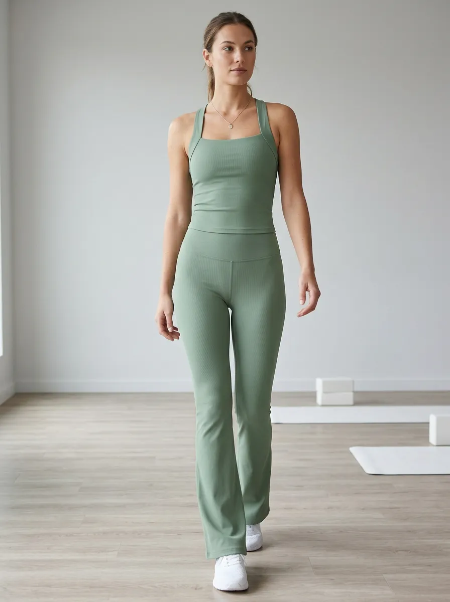 Women's Distinctive Ribbed Yoga Inspired Fitness Inspired Tank Top and Flare Pants Active Set