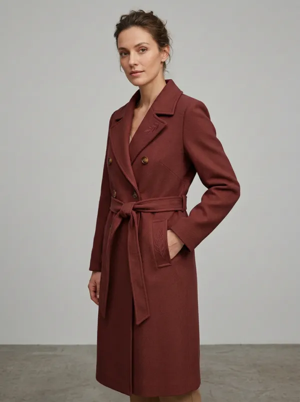 Women's Minimalist Leaf Embroidered Camel Wool Coat