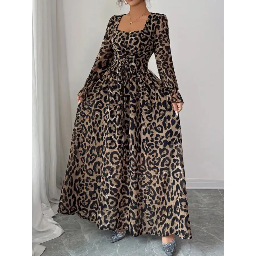 Leopard Sweetheart Neck Flounce Sleeve Maxi Dress
