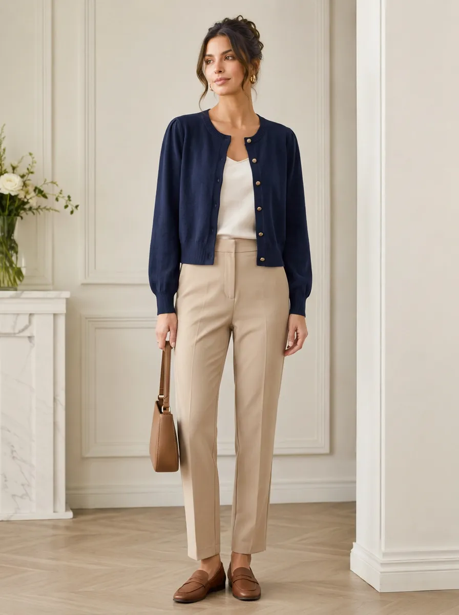 Women's Navy Blue Classic Button-Down Knit Cardigan Top