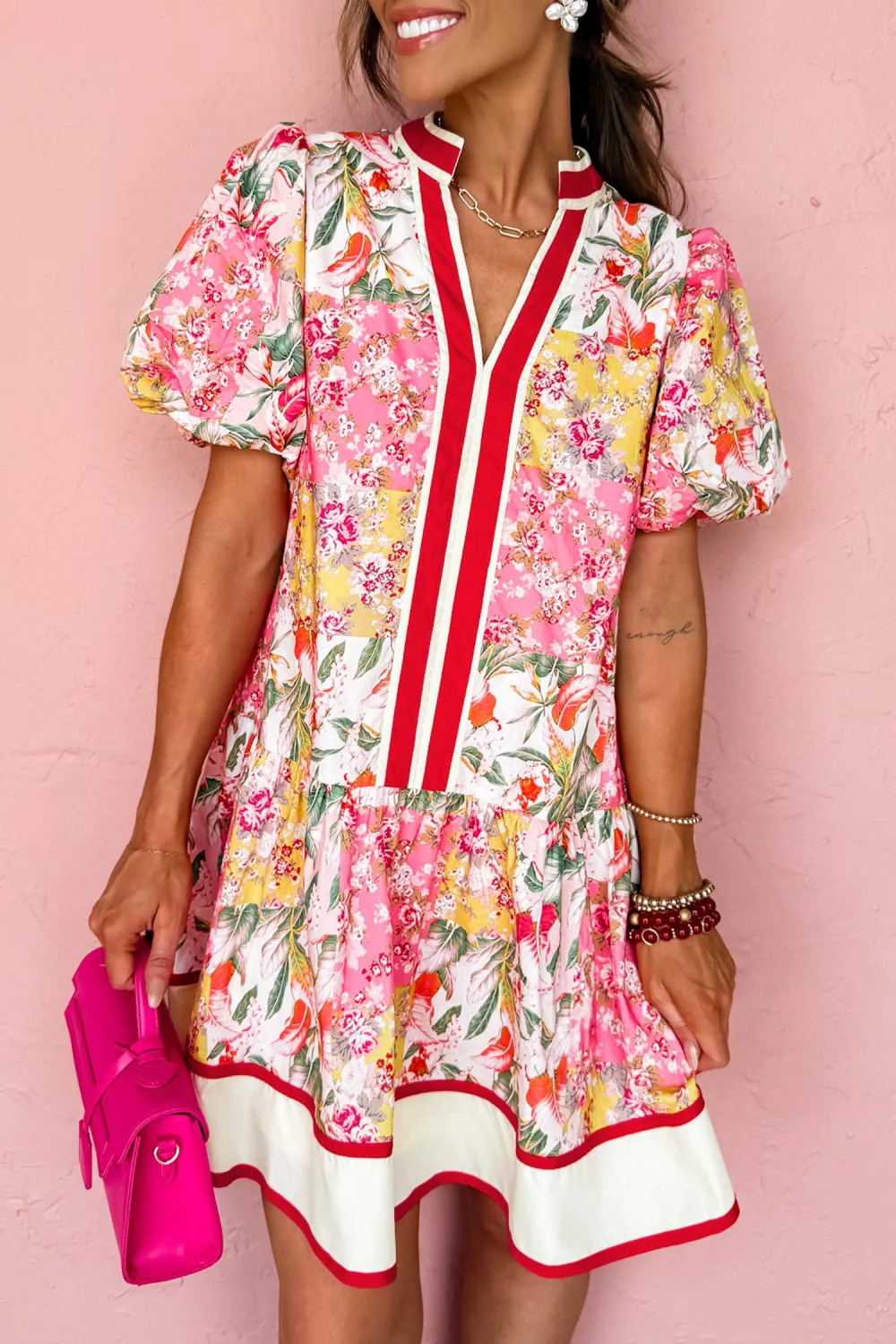 Pink Floral Contrast Trim Dress