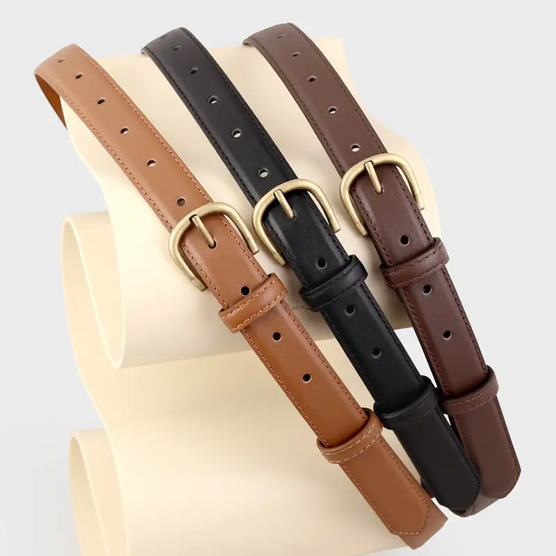 Modern Skinny Leather Belt with Golden Buckle