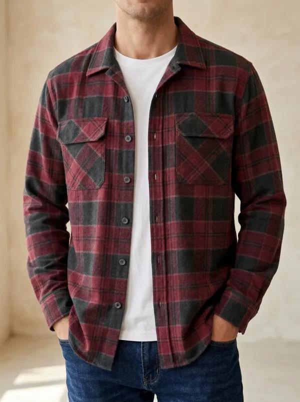 Forest Button Cuff Flap Pocket Plaid Shirt