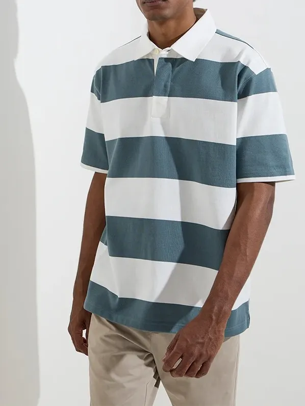 Teal Loose Cotton-Blend Polo T-Shirt