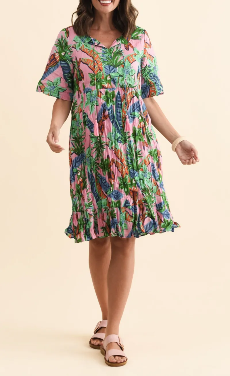 Knee-Length Floral Cotton Gathered Pocket Ruffle V-Neck Dress