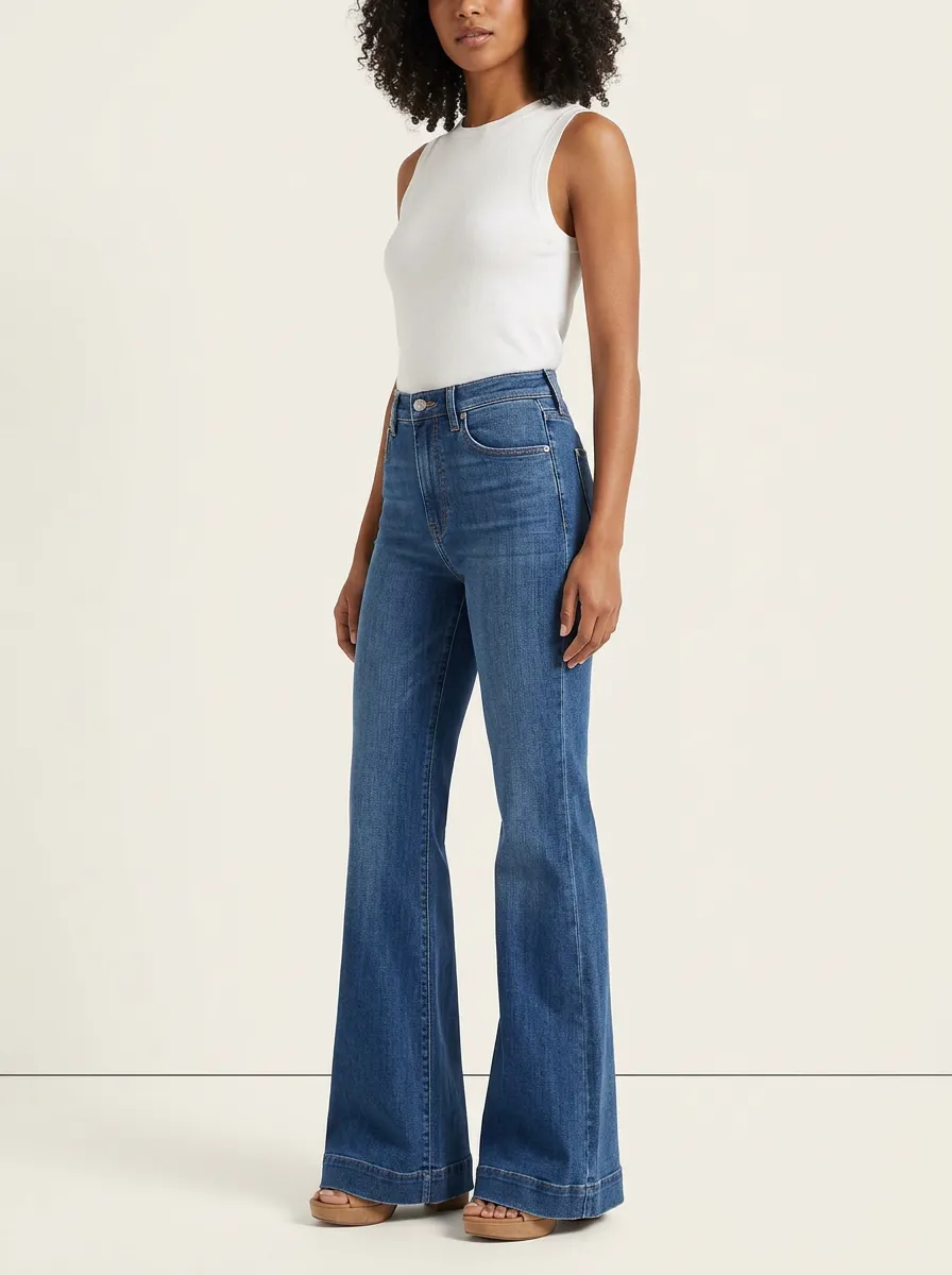 Five Pocket Contrast Stitch High Rise Flare Jeans