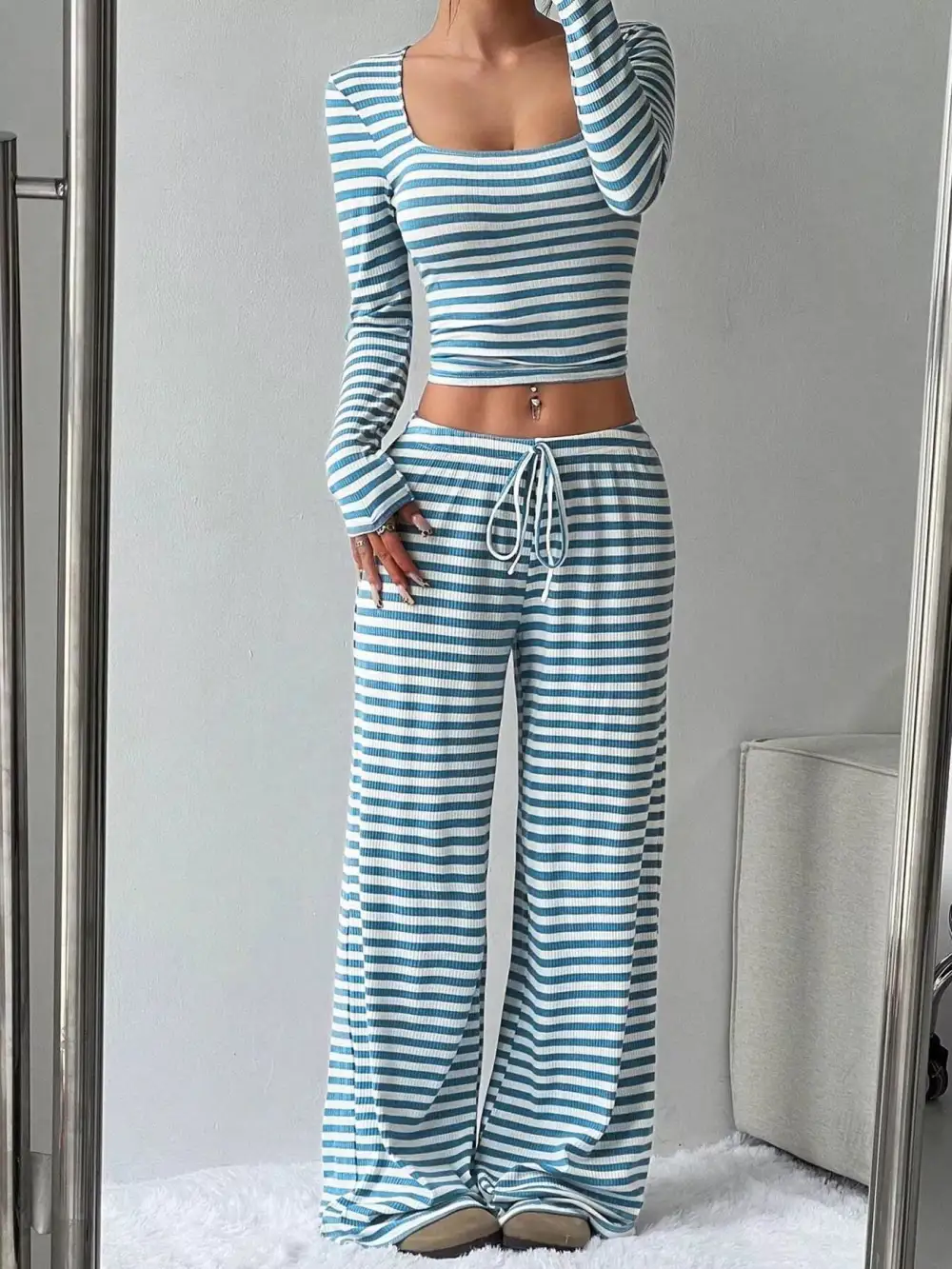 Striped Long Sleeve Crop Top & Wide Leg Pants