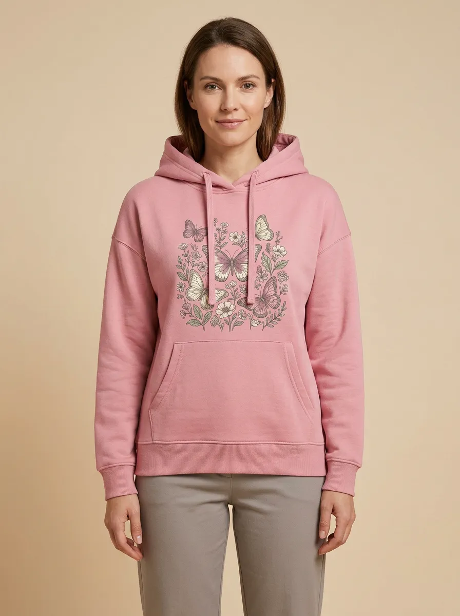 Women's Hooded Drawstring Graphic-Print Floral-Motif Rib-Trim Hoodie
