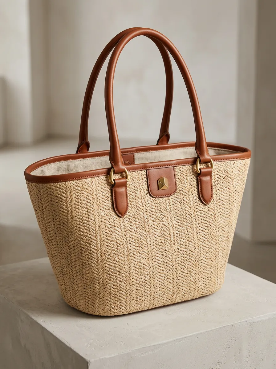 Straw-Style Leather-Trim-Look Herringbone Women's Tote Bag
