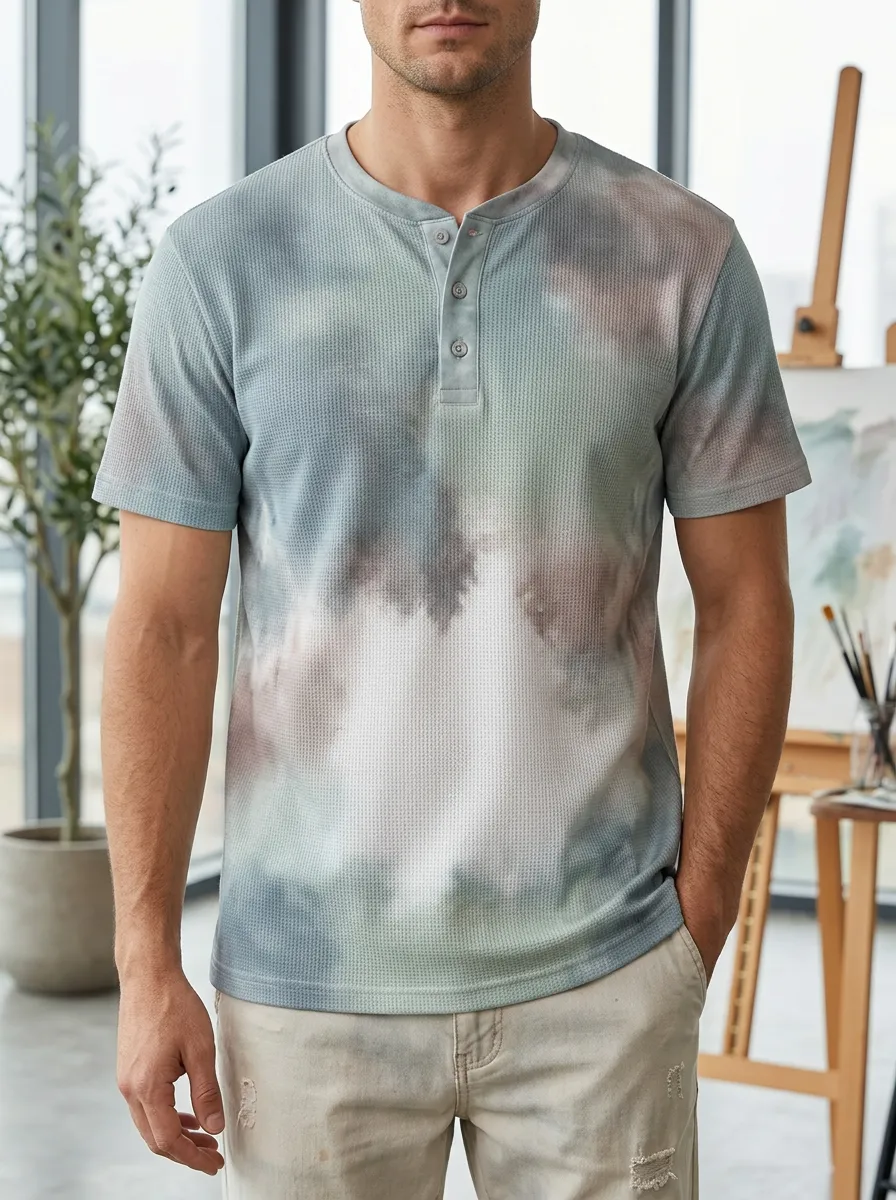 Men's Graphic Tie-Dye Waffle Knit Henley T-Shirt