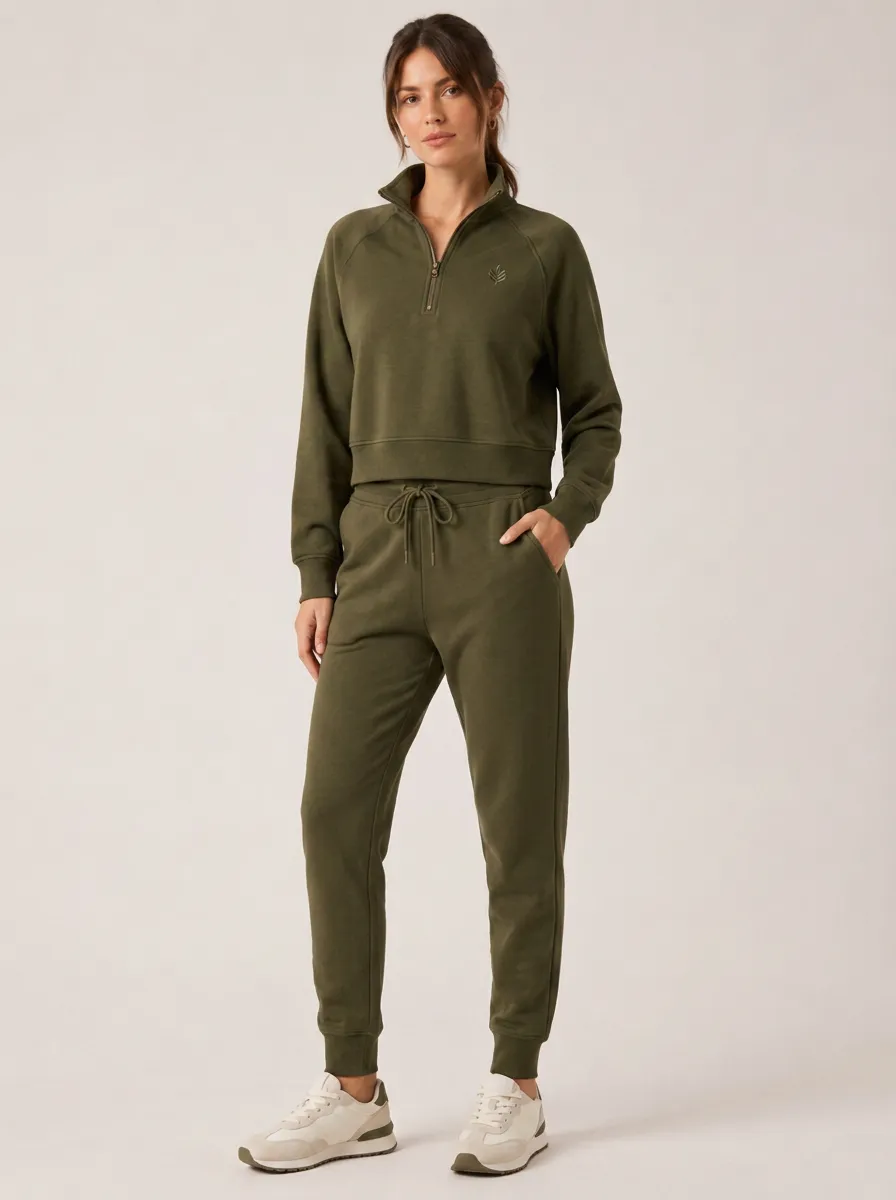 Women's Olive Green Minimalist Leaf Embroidered Quarter-Zip Jogger Set
