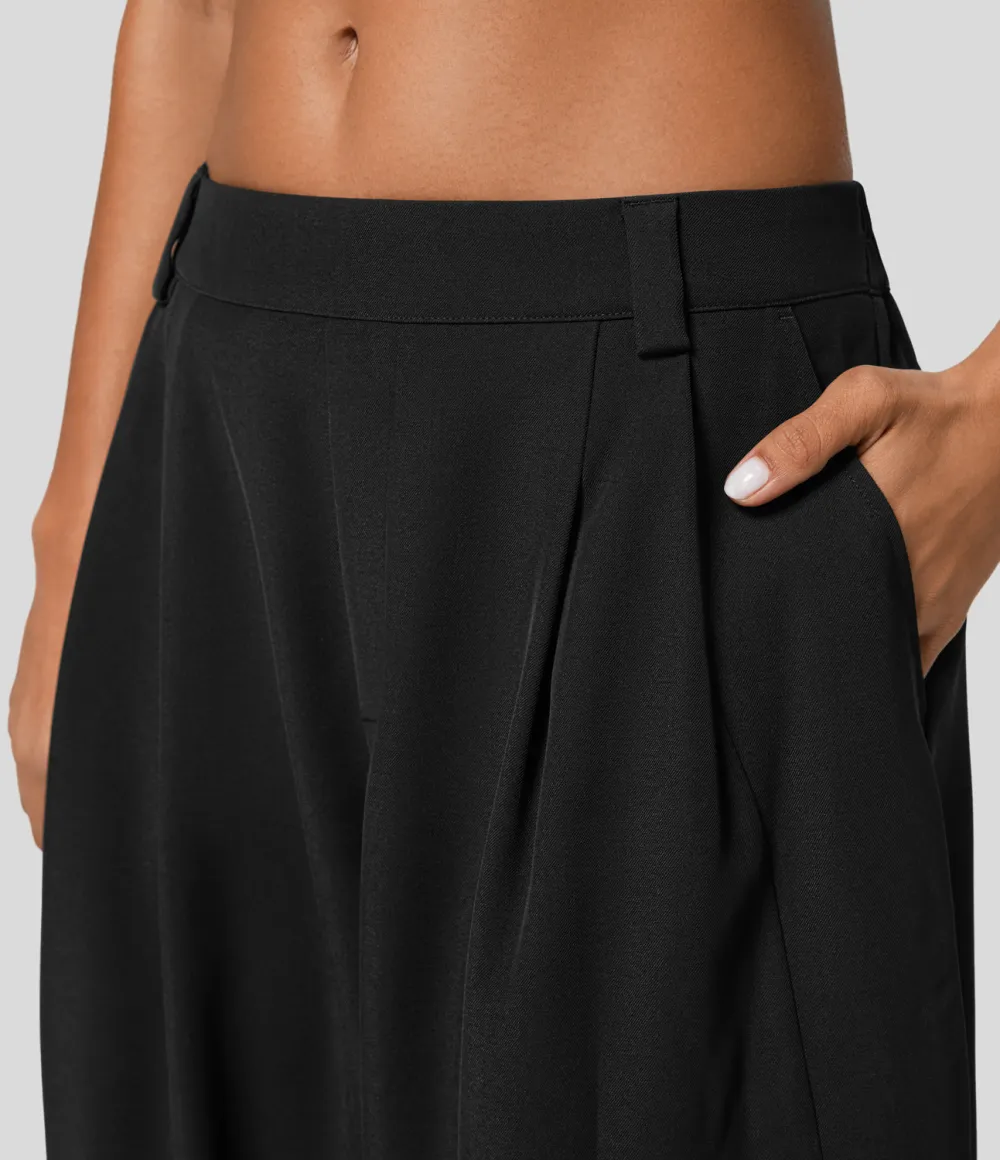 Mid Rise Plicated Side Pocket Barrel Leg Work Pants
