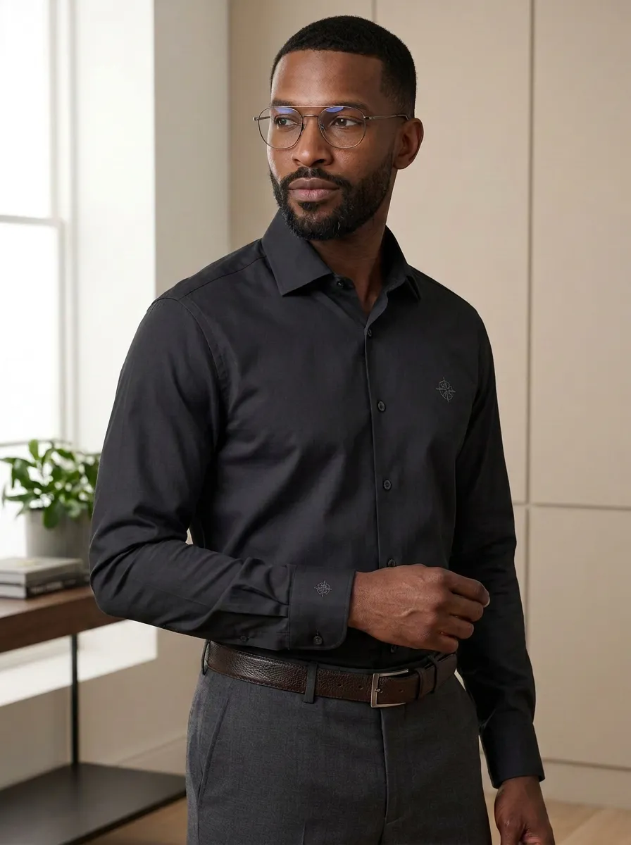 Men's Non-Iron Cotton Compass Logo Embroidered Dress Shirt