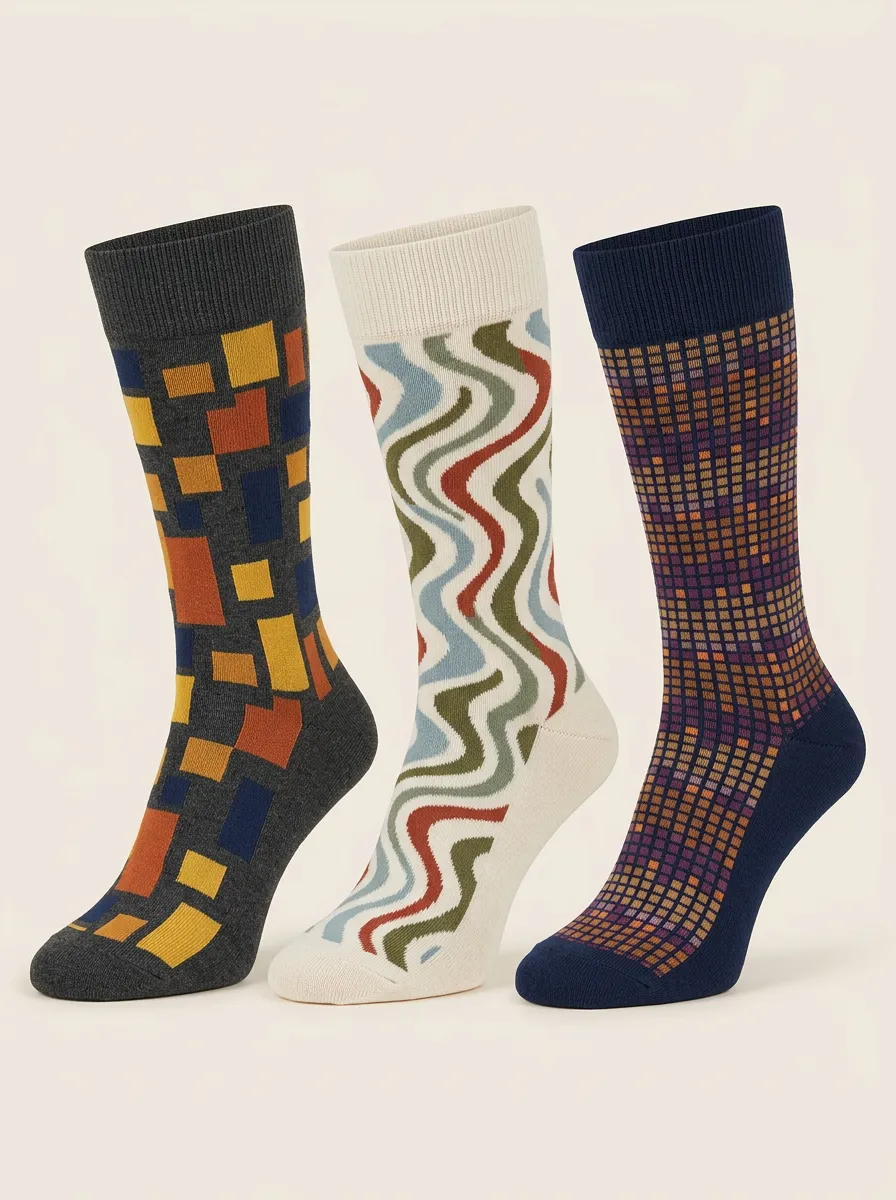 Men's Geometric Abstract Wavy Printed Three Pack Socks