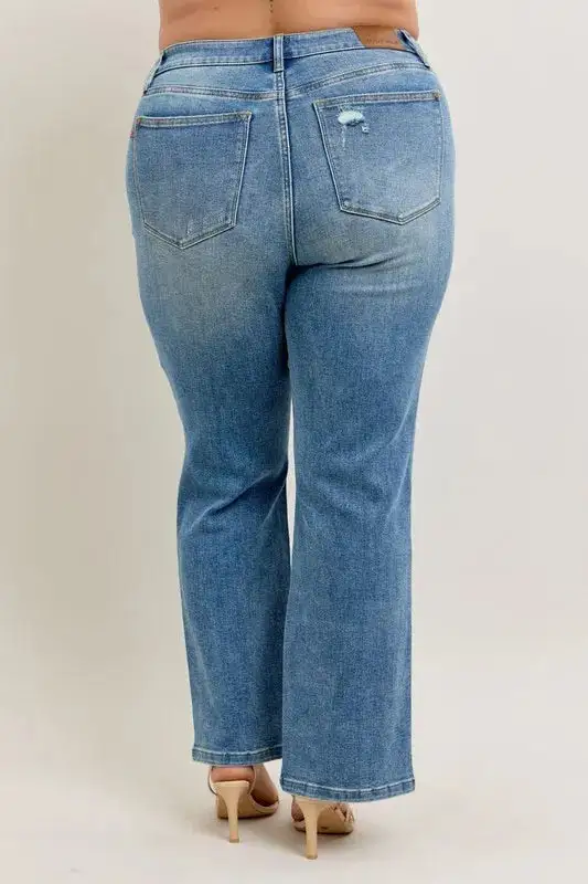 High-Waist Distressed Vintage-Wash Front-Seam Straight Leg Jeans