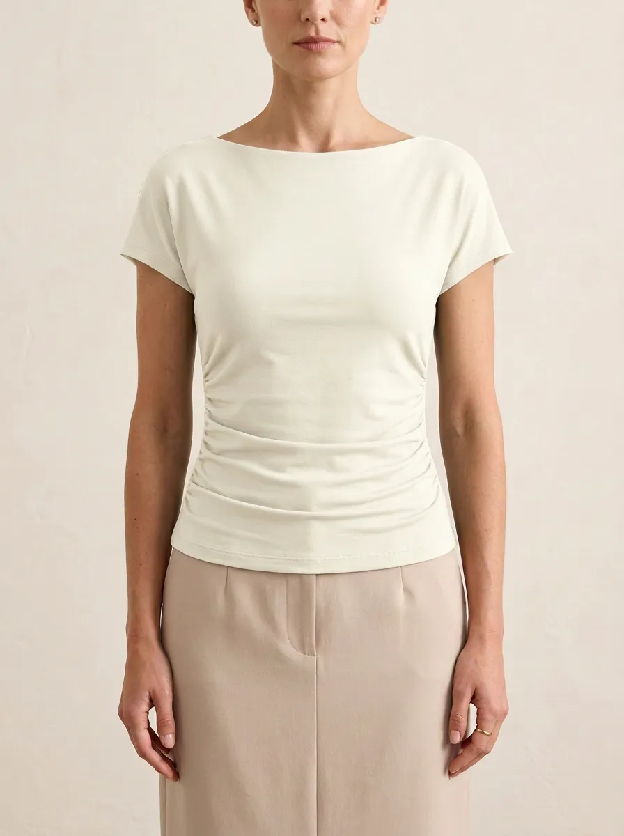 Contoured Boat-Neck Side-Ruched Ruched Fitted Top