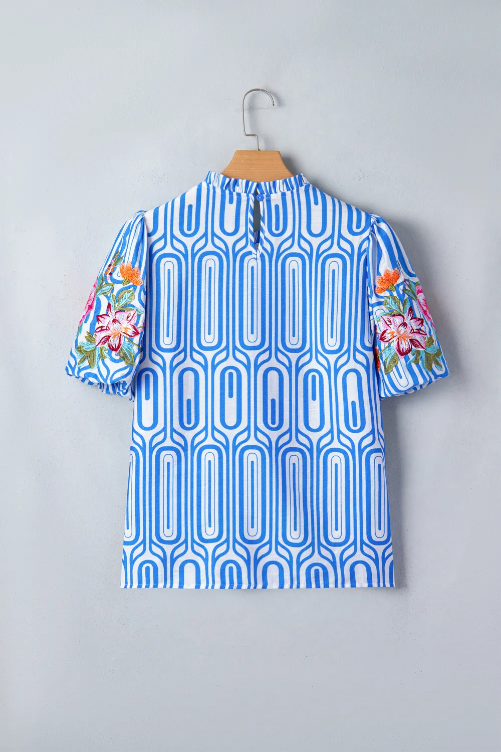 Sky Blue Geometry Print Floral Blouse