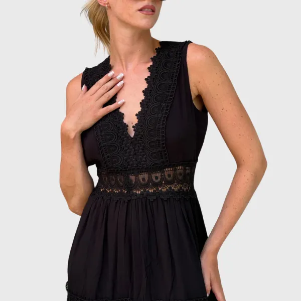 V-Neck Lace Sleeveless Midi Dress
