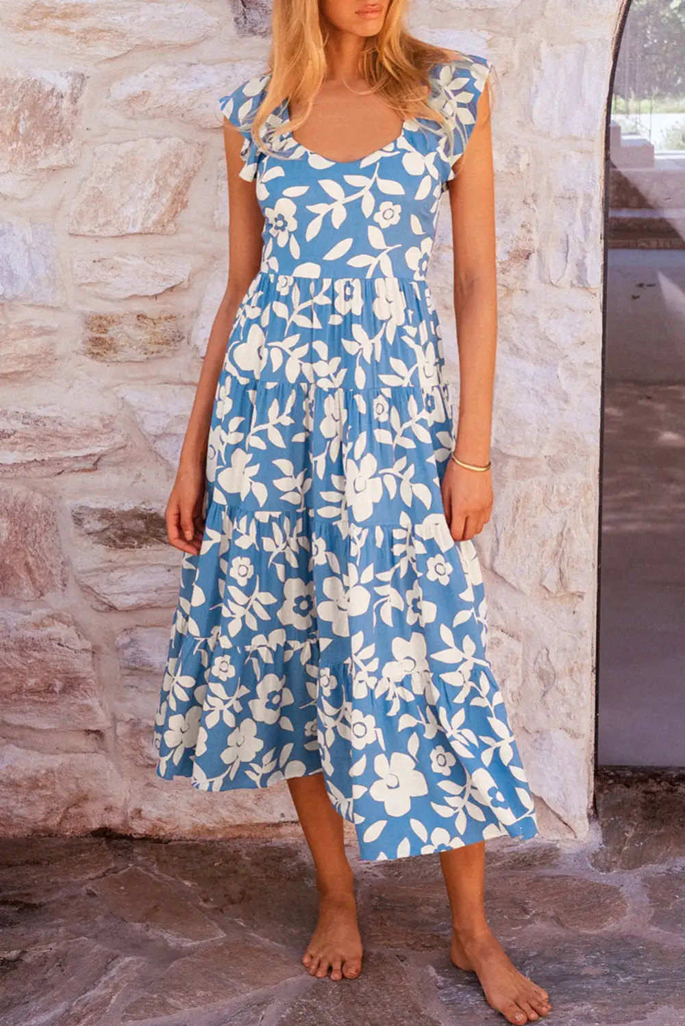 Floral Tiered Sleeveless Midi Dress