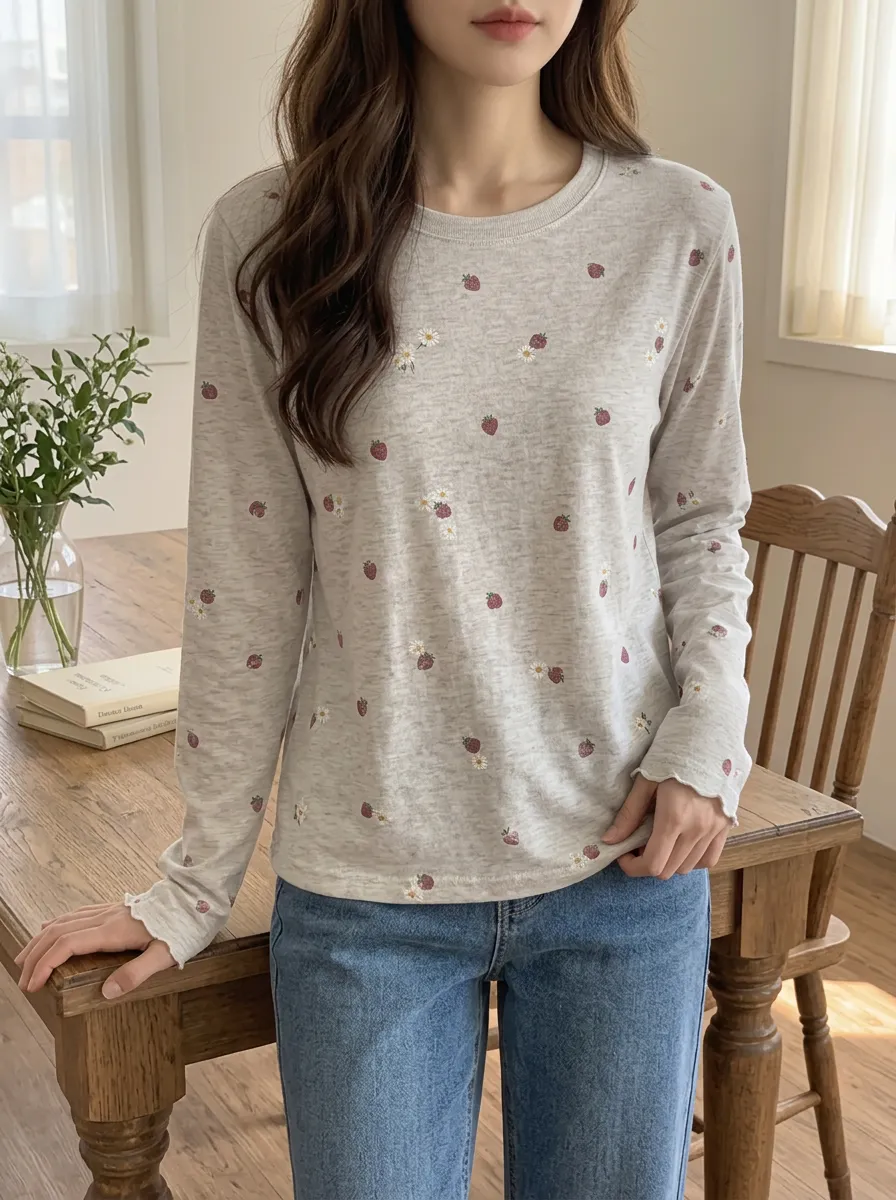 Women's Sweet Style Strawberry Daisy Printed Long Sleeve T-shirt
